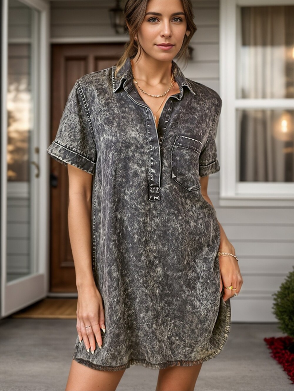 Denim Darling Pocketed Shirt Dress - Black
